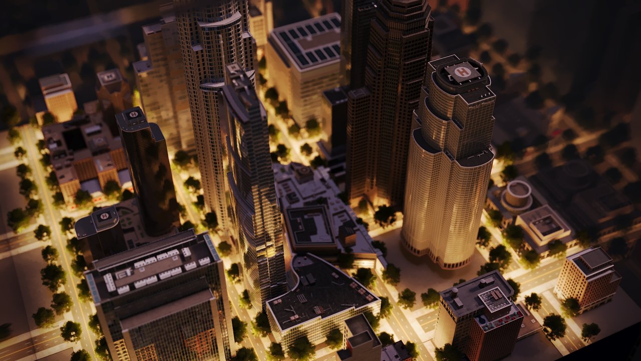 Close up of the city environment inside the cube viewport.